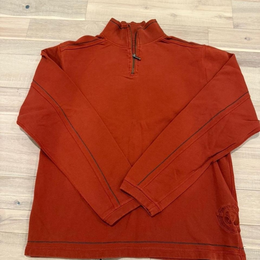 Mangantamille orange quarter zip sweatshirt with white stitching's Sz L